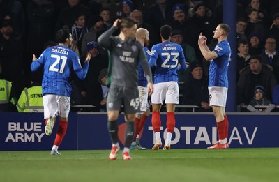 110225  Portsmouth v Cardiff City, EFL Sky Bet Championship - Colby Bishop of Portsmouth celebrates after he beats Cardiff City goalkeeper Jak Alnwick to score goal