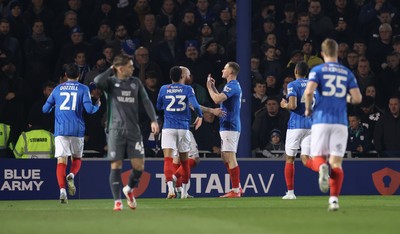 110225  Portsmouth v Cardiff City, EFL Sky Bet Championship - Colby Bishop of Portsmouth celebrates after he beats Cardiff City goalkeeper Jak Alnwick to score goal