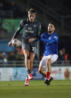 110225  Portsmouth v Cardiff City, EFL Sky Bet Championship - Rubin Colwill of Cardiff City plays the ball forward