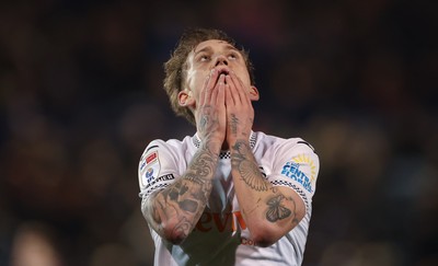 100326 - Portsmouth v Swansea City, EFL Sky Bet Championship -Ethan Galbraith of Swansea City reacts after missing a chance to score