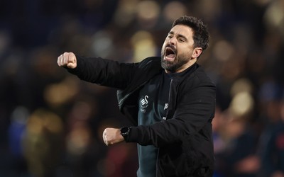 100326 - Portsmouth v Swansea City, EFL Sky Bet Championship - Swansea City head coach Vitor Matos celebrates at the end of the match