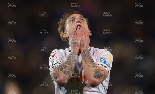 100326 - Portsmouth v Swansea City, EFL Sky Bet Championship -Ethan Galbraith of Swansea City reacts after missing a chance to score