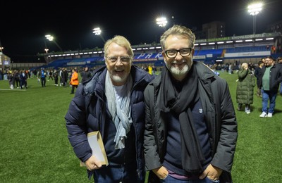 111025 - Potential New Cardiff Rugby Investors - Potential new Cardiff Rugby Investors, Niels Fuul, left and Gareth West on the pitch at Cardiff Arms Park at the end of  Cardiff Rugby v Connacht Rugby