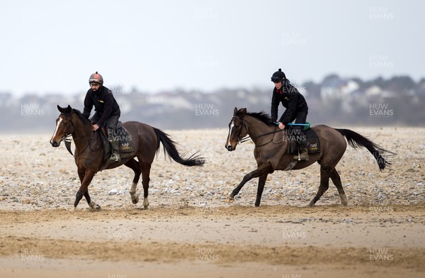 040220 - Picture shows Potters Corners (right) during morning gallops at trainers Christian Williams' stables in Ogmore on Sea, South Wales