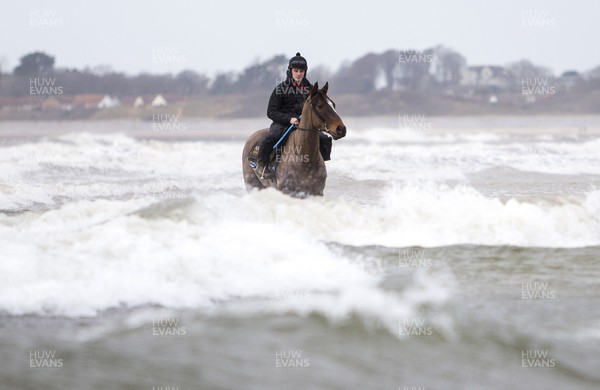 040220 - Picture shows Potters Corners during their morning gallops on the beach at trainers Christian Williams' stables in Ogmore on Sea, South Wales