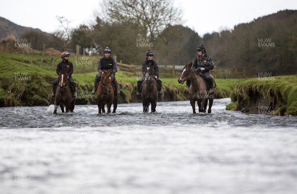 040220 - Picture shows Potters Corners (right) during their morning gallops walking through the river at trainers Christian Williams' stables in Ogmore on Sea, South Wales