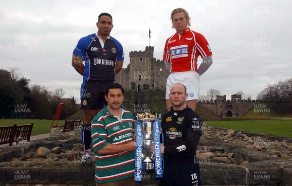 270206 - Anglo-Welsh Powergen Cup Rugby Prieview - (from top right clockwise)Bath's Salesi Finau, Scarlets' Alix Phoham, Wasp's Alex King and Leicester's Daryl Gibson with the Powergen Cup at Cardiff Castle ahead of their semi final clash on Saturday at the Millennium Stadium 