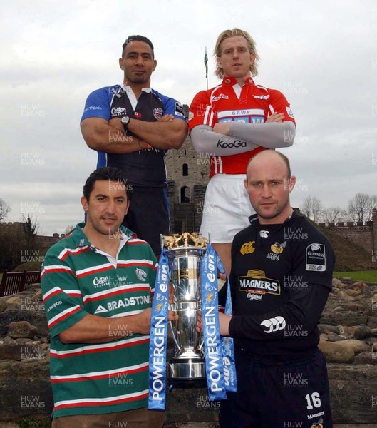 270206 - Anglo-Welsh Powergen Cup Rugby Prieview - (from top right clockwise)Bath's Salesi Finau, Scarlets' Alix Phoham, Wasp's Alex King and Leicester's Daryl Gibson with the Powergen Cup at Cardiff Castle ahead of their semi final clash on Saturday at the Millennium Stadium 