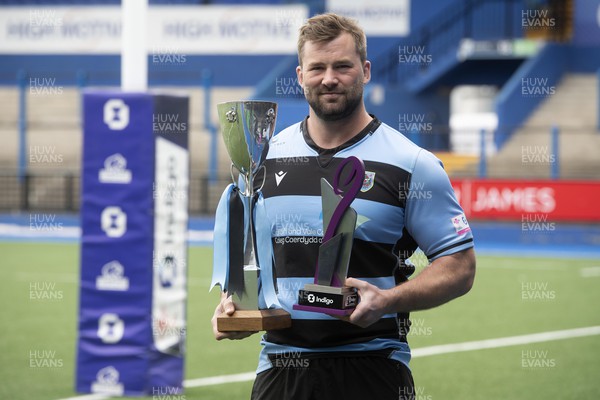 190523 - Indigo Premiership Final Photocall - Morgan Allen of Cardiff with the Indigo Premiership trophy and Welsh Cup