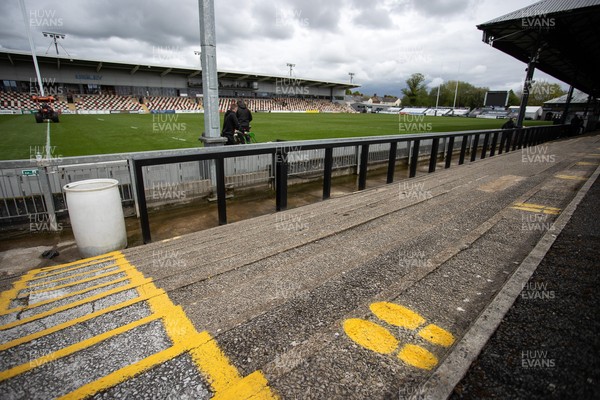 160521 - Picture shows markings painted on the terraces at Rodney Parade, home of Newport County ready for the return of fans at their play off match this Tuesday
