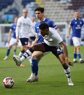 080425 - Preston North End v Cardiff City - Sky Bet Championship - Kaine Kesler-Hayden of Preston North End and Callum O'Dowda of Cardiff