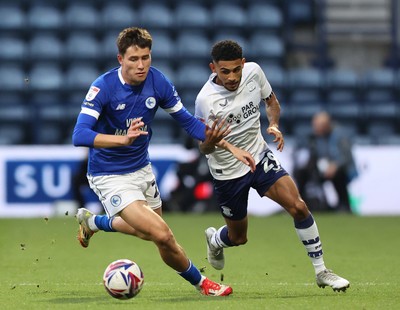 080425 - Preston North End v Cardiff City - Sky Bet Championship - Rubin Colwill of Cardiff and Kaine Kesler-Hayden of Preston North End
