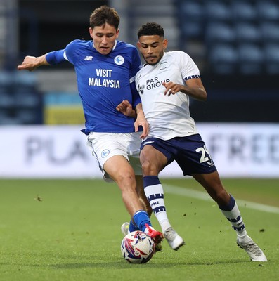 080425 - Preston North End v Cardiff City - Sky Bet Championship - Rubin Colwill of Cardiff and Kaine Kesler-Hayden of Preston North End