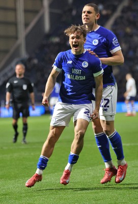 080425 - Preston North End v Cardiff City - Sky Bet Championship - Kaine Kesler-Hayden of Cardiff celebrates scoring goal to equalise 1-1 with Yousef Saleh of Cardiff