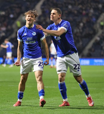 080425 - Preston North End v Cardiff City - Sky Bet Championship - Kaine Kesler-Hayden of Cardiff celebrates scoring goal to equalise 1-1 with Yousef Saleh of Cardiff