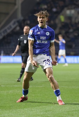 080425 - Preston North End v Cardiff City - Sky Bet Championship - Will AIves of Cardiff celebrates 1st goal