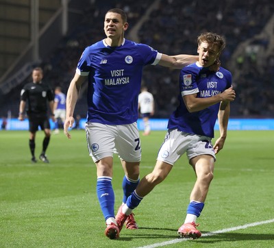 080425 - Preston North End v Cardiff City - Sky Bet Championship - Will AIves of Cardiff celebrates 1st goal with Yousef Saleh of Cardiff