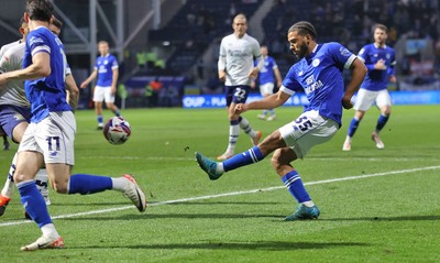 080425 - Preston North End v Cardiff City - Sky Bet Championship - Andy Rinomhota of Cardiff takes a shot on goal