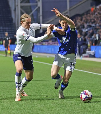 080425 - Preston North End v Cardiff City - Sky Bet Championship - Callum O'Dowda of Cardiff is caught by Stefan Teitur Poroarson of Preston North End