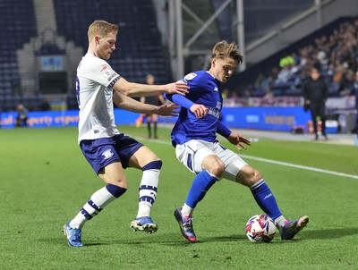 080425 - Preston North End v Cardiff City - Sky Bet Championship - Cian Ashford of Cardiff is caught by Lewis Gibson of Preston North End