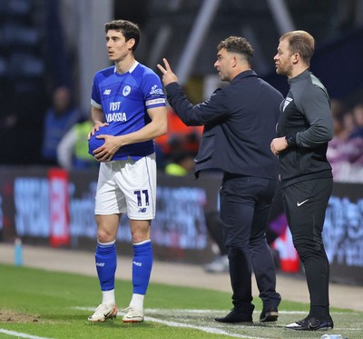 080425 - Preston North End v Cardiff City - Sky Bet Championship - Manager Omer Riza of Cardiff giving direction to Callum O'Dowda of Cardiff