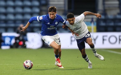 080425 - Preston North End v Cardiff City - Sky Bet Championship - Rubin Colwill of Cardiff and Kaine Kesler-Hayden of Preston North End