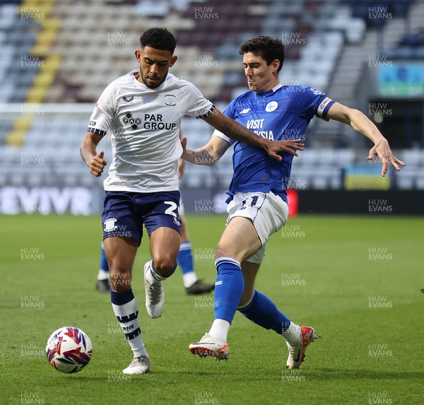 080425 - Preston North End v Cardiff City - Sky Bet Championship - Kaine Kesler-Hayden of Preston North End and Callum O'Dowda of Cardiff