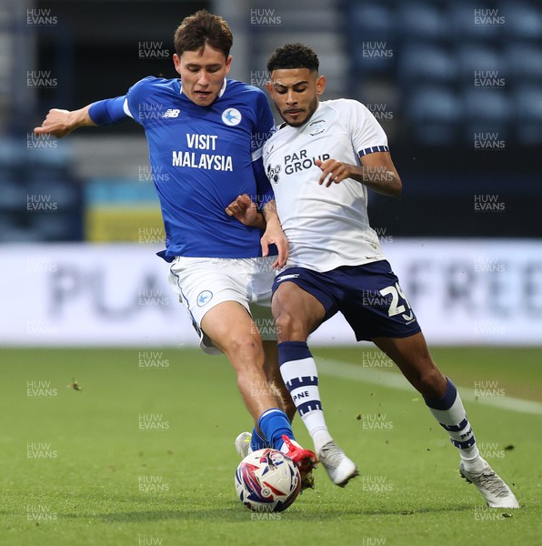080425 - Preston North End v Cardiff City - Sky Bet Championship - Rubin Colwill of Cardiff and Kaine Kesler-Hayden of Preston North End