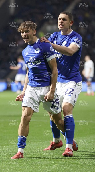 080425 - Preston North End v Cardiff City - Sky Bet Championship - Will AIves of Cardiff celebrates 1st goal with Yousef Saleh of Cardiff
