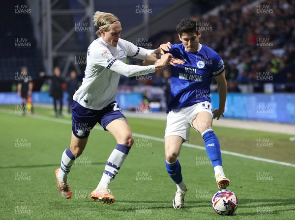 080425 - Preston North End v Cardiff City - Sky Bet Championship - Callum O'Dowda of Cardiff is caught by Stefan Teitur Poroarson of Preston North End