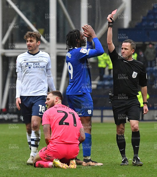 110323 - Preston North End v Cardiff City - Sky Bet Championship - Goalkeeper Jak Alnwick of Cardiff sent off in the 2nd half shown the red card by referee David Webb