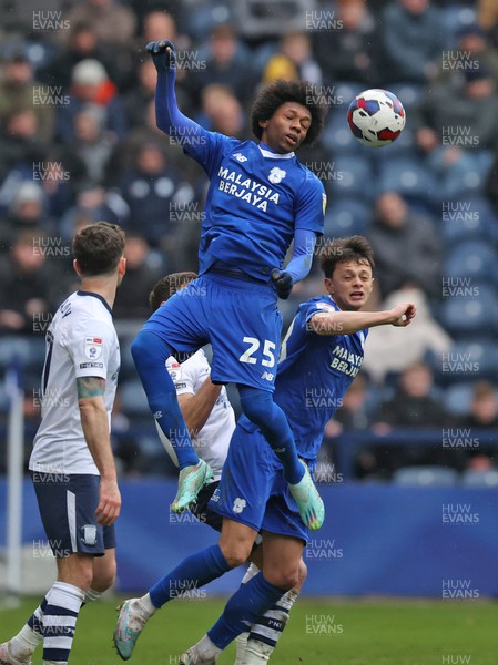 110323 - Preston North End v Cardiff City - Sky Bet Championship - Jaden Philogene of Cardiff leaps for the high ball