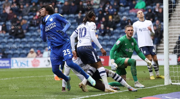 110323 - Preston North End v Cardiff City - Sky Bet Championship - Jaden Philogene of Cardiff reaction as shot is blocked in the 2nd half