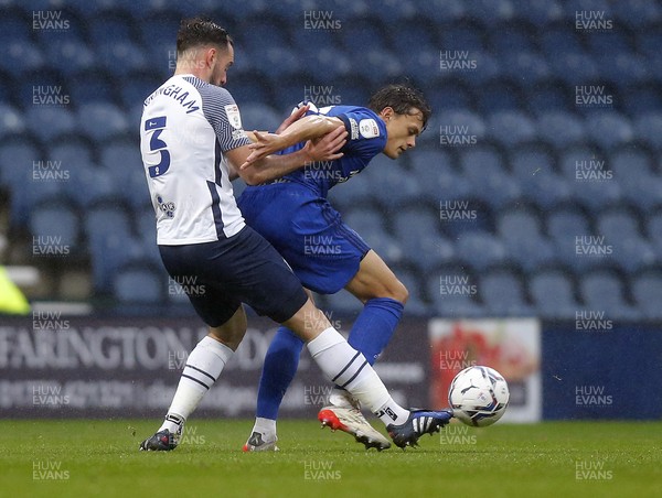 201121 - Preston North End v Cardiff City - Sky Bet Championship - Perry Ng of Cardiff and Greg Cunningham of Preston North End