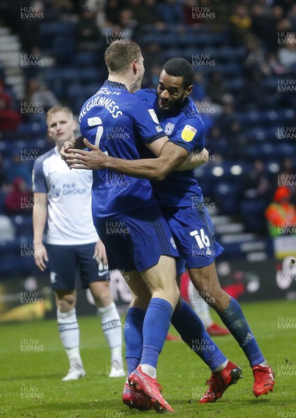 201121 - Preston North End v Cardiff City - Sky Bet Championship - Mark McGuiness of Cardiff celebrates scoring their 1st goal at the start of the 2nd half with Curtis Nelson of Cardiff