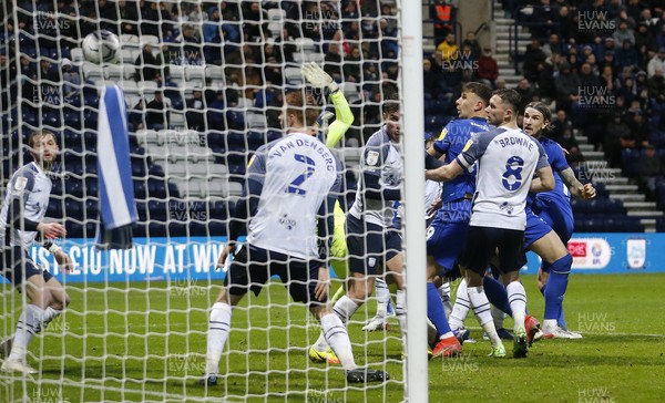 201121 - Preston North End v Cardiff City - Sky Bet Championship - James Collins of Cardiff heads the ball into the net for the 2nd goal