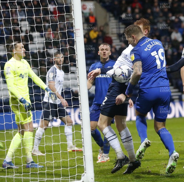 201121 - Preston North End v Cardiff City - Sky Bet Championship - Mix up with James Collins of Cardiff and Sepp van den Berg of Preston North End by goal Referee ruled no goal