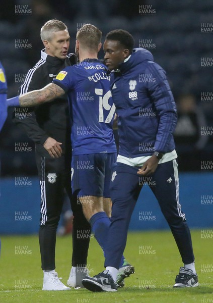 201121 - Preston North End v Cardiff City - Sky Bet Championship - Manager Steve Morison of Cardiff with James Collins of Cardiff at the end of the match
