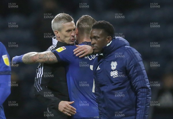 201121 - Preston North End v Cardiff City - Sky Bet Championship - Manager Steve Morison of Cardiff with James Collins of Cardiff at the end of the match