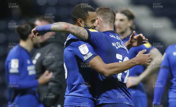 201121 - Preston North End v Cardiff City - Sky Bet Championship - James Collins of Cardiff hugs Curtis Nelson of Cardiff at the end of the match