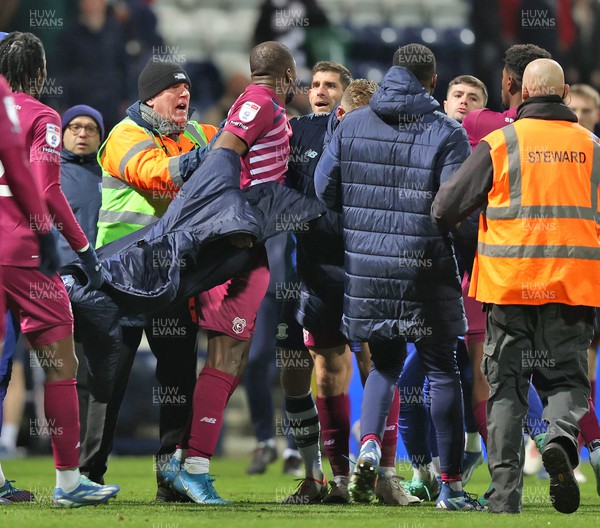 251123 - Preston North End v Cardiff City - Sky Bet Championship - Yakou Meite of Cardiff in melee at the end of the match 