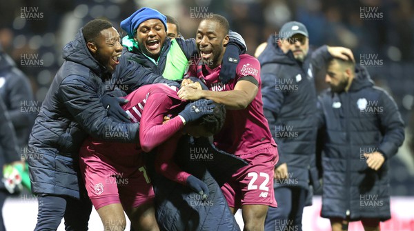 251123 - Preston North End v Cardiff City - Sky Bet Championship - Ike Ugbo of Cardiff is mobbed by Ebou Adams of Cardiff, Yakou Meite of Cardiff and Mahlon Romeo of Cardiff