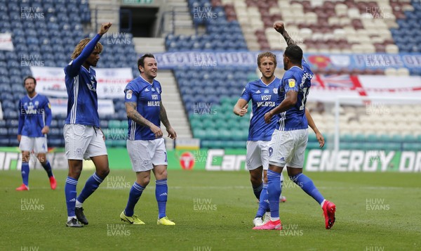 270620 - Preston North End v Cardiff City - Sky Bet Championship - Nathaniel Mendez-Laing of Cardiff celebrates scoring the second goal with team keeping a social distance