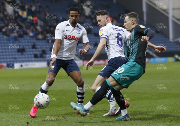 010220 - Preston North End v Swansea City - Sky Bet Championship - Besant Celina of Swansea manages to pass by Alan Browne of Preston North End   