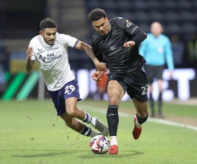 040325 - Preston North End v Swansea City - Sky Bet Championship - Myles Peart-Harris of Swansea and Kaine Kesler-Hayden of Preston North End