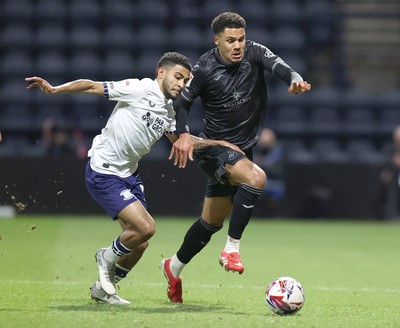 040325 - Preston North End v Swansea City - Sky Bet Championship - Myles Peart-Harris of Swansea and Kaine Kesler-Hayden of Preston North End