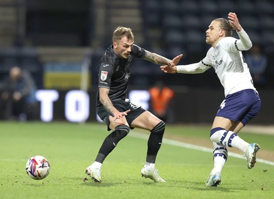 040325 - Preston North End v Swansea City - Sky Bet Championship - Josh Tymon of Swansea and Brad Potts of Preston North End