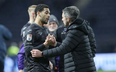 040325 - Preston North End v Swansea City - Sky Bet Championship - Swansea manager Alan Sheehan and Ben Cabango of Swansea at the end of the match