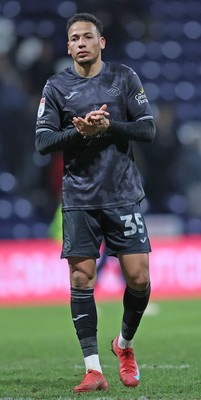 040325 - Preston North End v Swansea City - Sky Bet Championship - Ronald of Swansea salutes the travelling fans