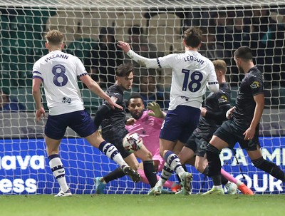 040325 - Preston North End v Swansea City - Sky Bet Championship - Liam Cullen of Swansea shows good defence as he turns the ball away